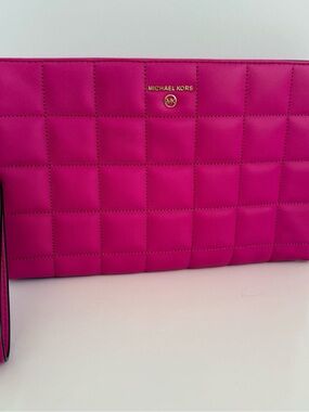 Michael Kors Hot Pink Quilted Wristlet Clutch with Gold Logo